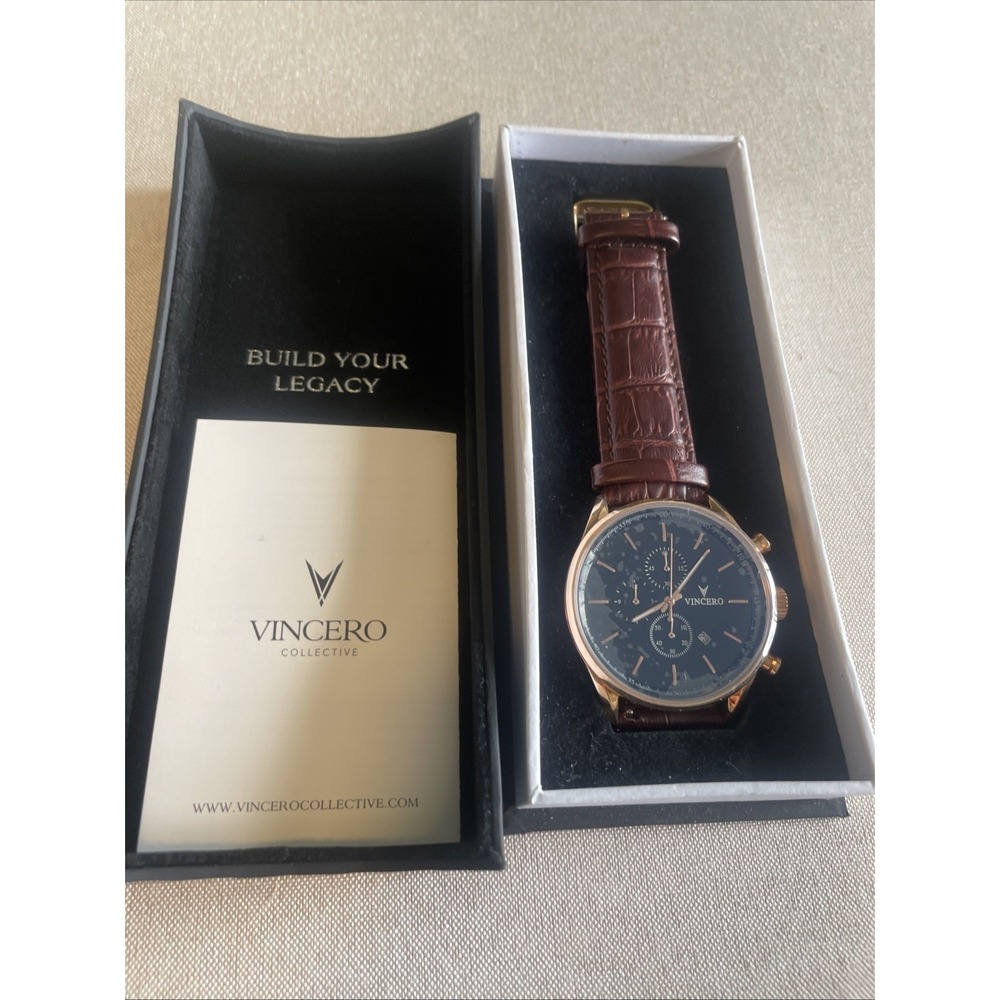Vincero Men's Watch Chrono S Black Gold‎ Leather  New w/ Box Stopwatch